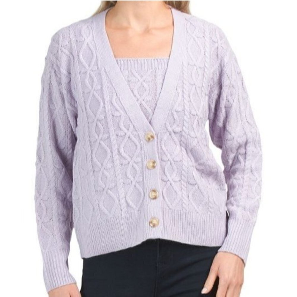 HEARTLOOM Cable Knit Cardigan Sweater Lavender Purple Women Size Medium